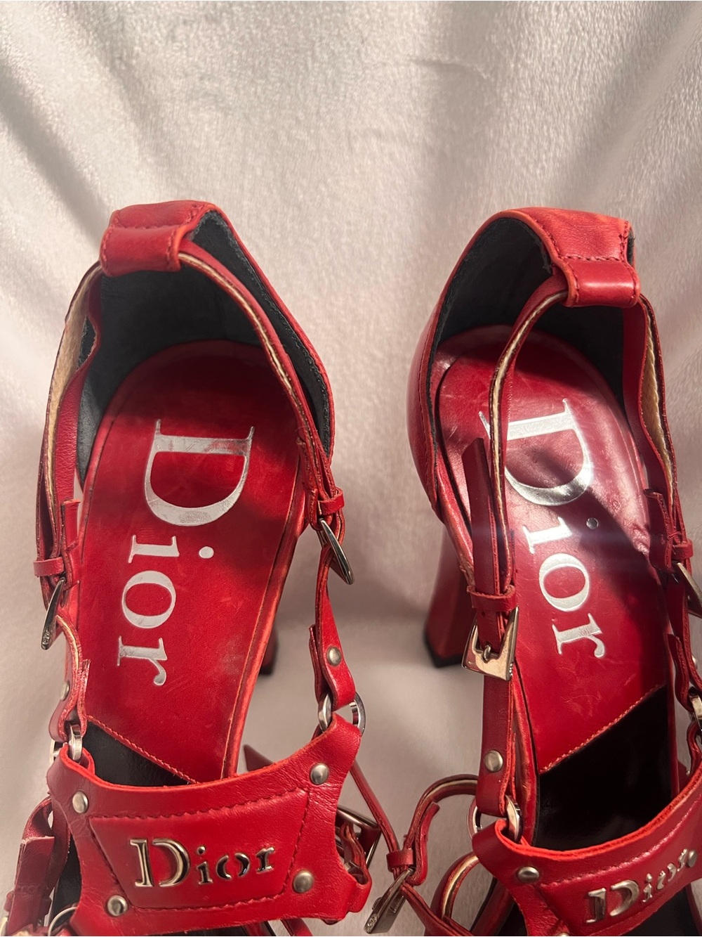 Dior Bondage Red Leather Studded Strappy Heels - Picture 5 of 9